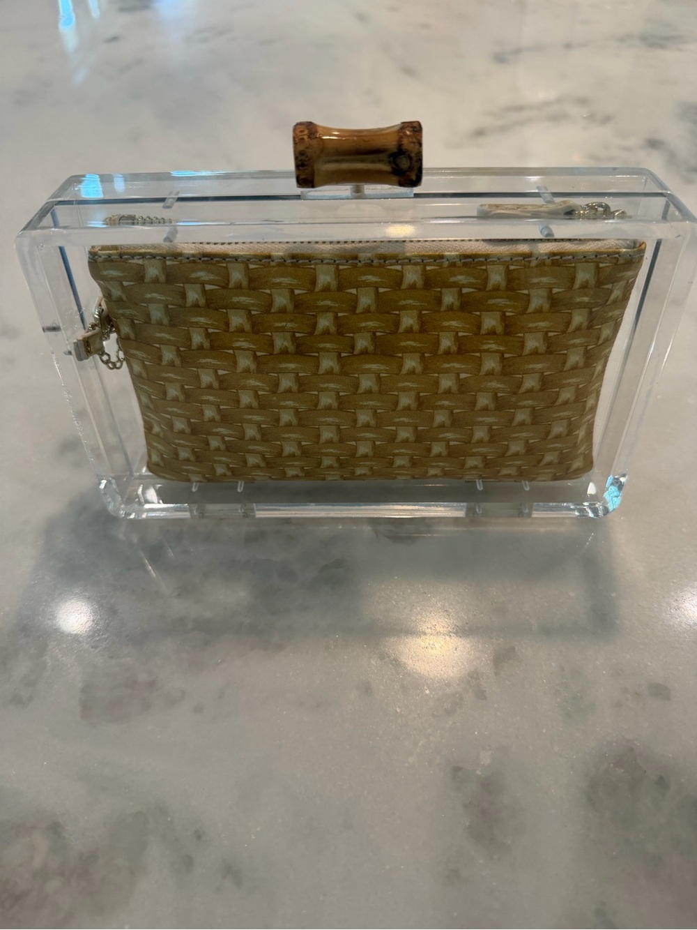 Jessica McClintock Clear Acrylic Clutch with Woven Straw Pouch - Natural